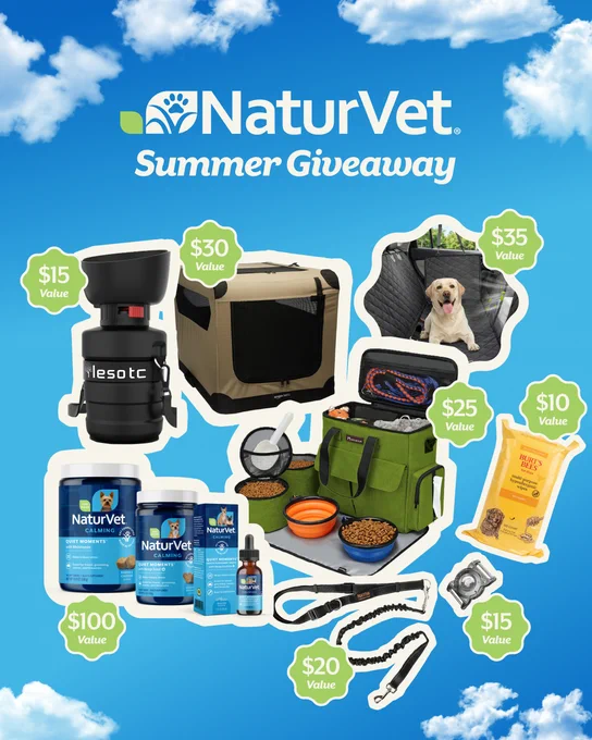 The image is a promotional graphic for a NaturVet Summer Giveaway. It features various pet products with price tags indicating their value. Products include a YIesotc pet water bottle ($15), a portable pet crate ($30), a pet booster seat ($35), NaturVet supplements ($100), a pet travel bag with bowls ($25), and a pack of treats ($10). Other items are a training clicker ($15), a leash set ($20), and a small pet brush ($10). The background is a bright blue sky with fluffy clouds.