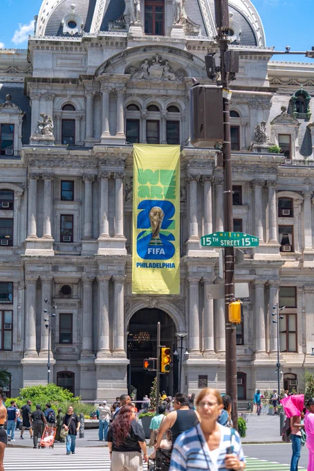 FIFA World Cup banner hanging in Philadelphia.