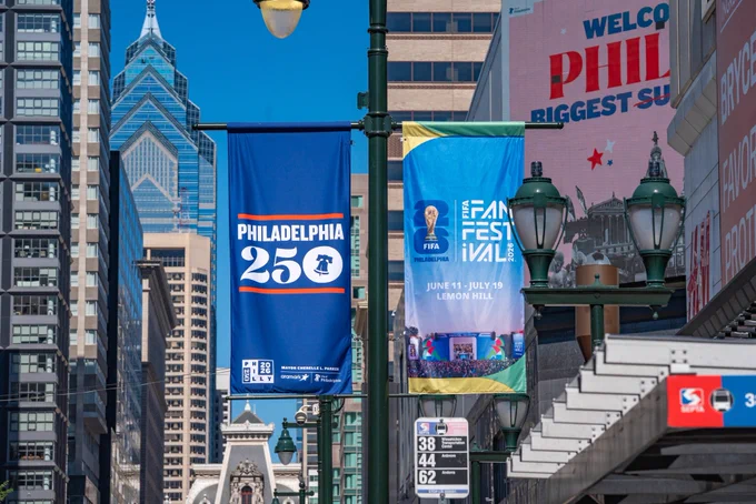 FIFA World Cup banner hanging in Philadelphia.
