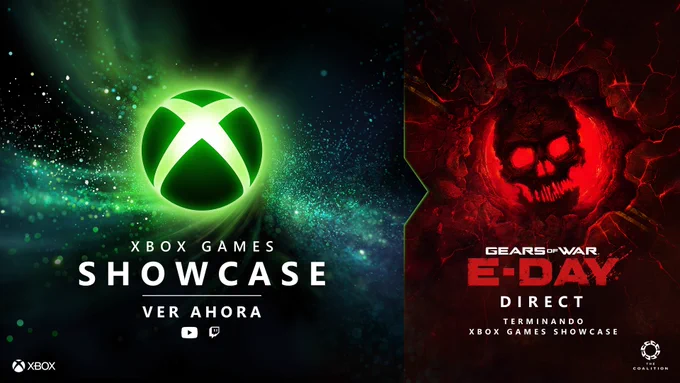 Gráfico promocional del XBOX Games Showcase con el logo verde de XBOX a la izquierda y arte de Gears of War: E-Day con una calavera roja a la derecha, invitando a ver el evento en vivo.