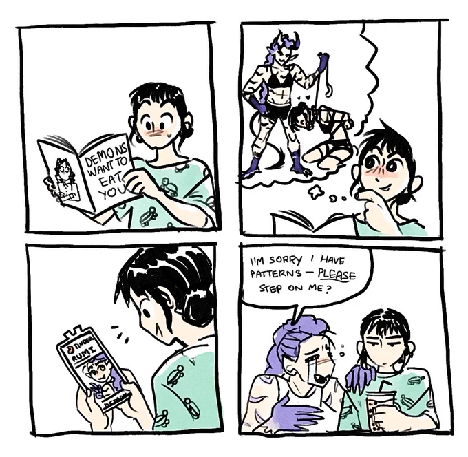 Digital art. 4 panel comic. Panel 1: Zoey from Kpop Demon Hunters reads a book with an intrigued look. The book is called "Demons want to eat you". Panel 2: Zoey imagines being tied up and dominated by a horned demon. Panel 3: Zoey looks excited at a tinder match with Rumi, who has demonic features. Panel 4: Zoey on a date drinks boba looking fed up, as Rumi wails "I'm sorry I have patterns — PLEASE step on me?"