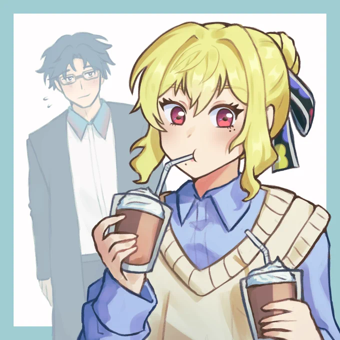 Fanart of Mei Kinosaki from Marriagetoxin, wearing a light blue long-sleeved collared shirt with a light brown vest, sipping from a glass of some chocolate-and-whipped-cream drink with a straw. A similar drink, straw and all, is in his other hand. In the background is Hikaru Gero, who watches with a slight smile.
