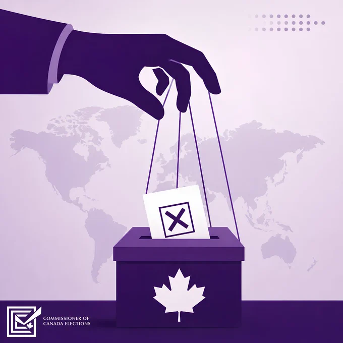Illustration of a large hand manipulating a ballot by strings above a Canadian ballot box, symbolizing foreign interference in elections. A faint world map appears in the background, with the logo of the Commissioner of Canada Elections – a checked box with a maple leaf.