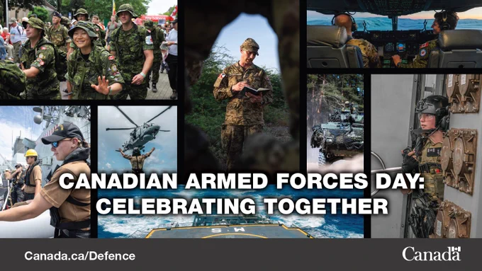 Several people in military uniform. Text: Canadian Armed Forces Day: Celebrating Together.