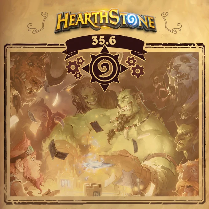 Hearthstone update artwork showing the Hearthstone logo and patch number 35.6 above a tavern scene with characters playing cards. A Hearthstone spiral icon appears below the patch number, with the image styled like a parchment poster in warm sepia tones.