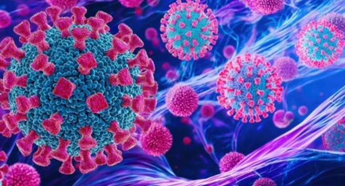 Illustration of multiple COVID-19 virus particles, with a spiky surface in blue and pink, set against a vibrant blue and purple background with flowing lines.