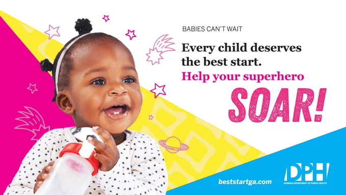 Toddler holding a bottle with a colorful background and text encouraging support for children's early development.