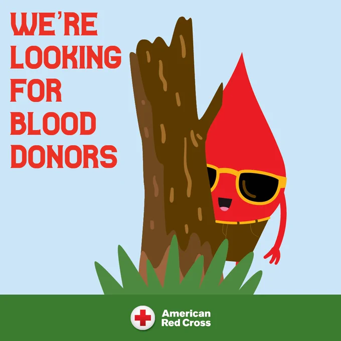 A blood droplet peeking out from behind a tree, with "We're looking for blood donors" written next to it
