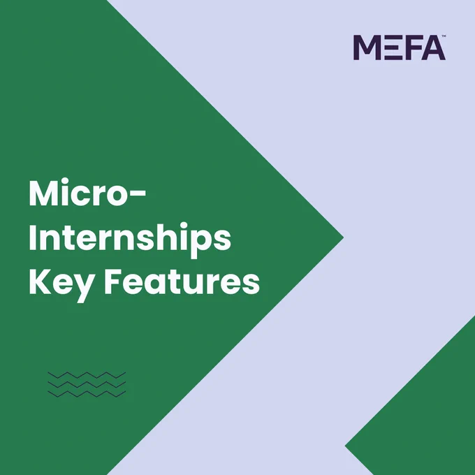 Green and light gray geometric design with the text "Micro-Internships Key Features" and "MEFA" in the top right corner.