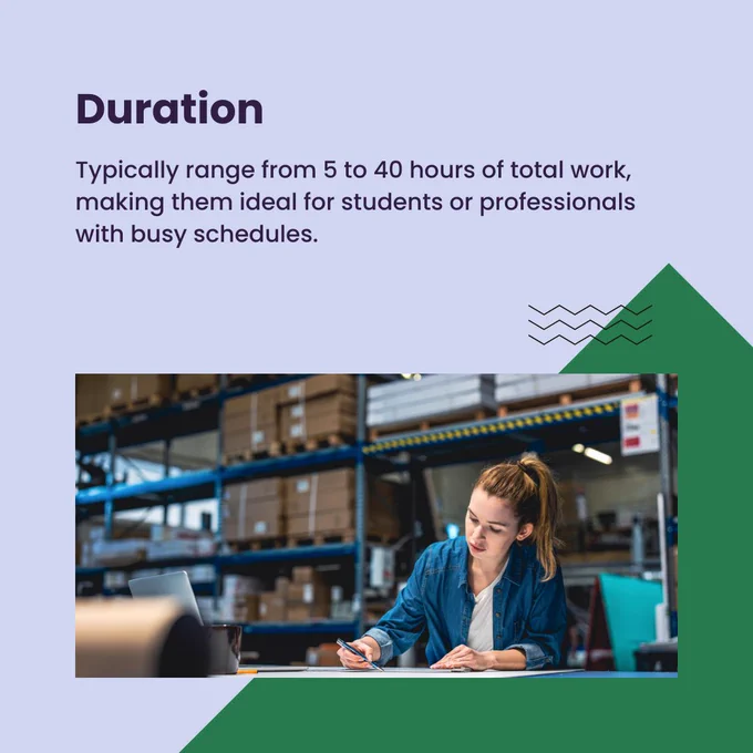A person is sitting at a desk in a warehouse-like setting, writing on a notepad with a laptop open beside them. Boxes are stacked on shelves in the background. The text above reads: "Duration: Typically range from 5 to 40 hours of total work, making them ideal for students or professionals with busy schedules." The MEFA logo is in the upper right corner.