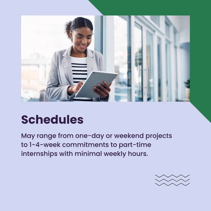 A person stands in an office setting holding a tablet, near large windows. The image includes the MEFA logo and text about various schedule possibilities for internships.