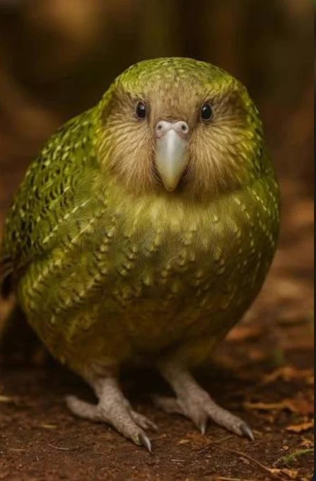 A critically endangered kakapo parrot stands on a forest floor, facing the camera. The large flightless bird has mottled green and yellow feathers, a rounded body, and a pale owl-like face with a curved ivory beak. Its curious expression and distinctive appearance highlight one of the world’s rarest parrots.