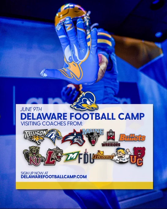 University of Delaware Football Camp graphic showing participating college programs. Vaughn Helverson will attend on June 9 to compete and showcase his abilities at Center and NG/DT.