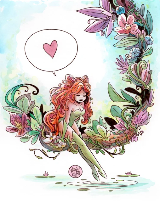 Watercolor drawing of Poison Ivy, sitting on a large flowery vine and dipping her toes in some water below. Looks like a lovely afternoon!