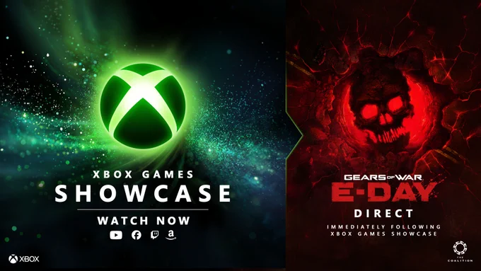 On the left side of the image the XBOX nexus is illuminated from the back in green with a swirl of blue and green illuminated particles emanating around it. Text below reads: "XBOX Games Showcase. WATCH NOW." The YouTube, Facebook, Twitch, and Amazon live logos are shown. On the right side of the image is a graphic of a red skull surrounding by what looks like fractured concrete. Text below reads"Gears of War: E-Day Direct. Immediately following XBOX Games Showcase" The XBOX logo is shown in the bottom left corner and The Coalition logo is shown in the bottom right corner.