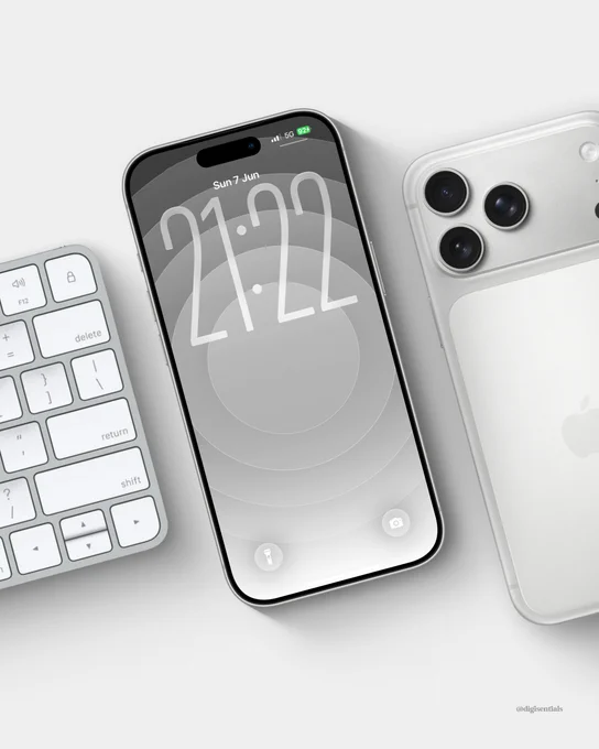 Minimal monochrome lock screen wallpaper displayed on a silver iPhone mockup, featuring soft concentric circles in layered grey tones that create subtle depth and a clean, modern aesthetic.