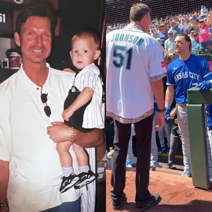 Split image: On the left, Randy Johnson poses with ~1-year-old Bobby Witt Jr. in the D-backs clubhouse, circa 2001.
On the right, Randy Johnson and Bobby Witt Jr. catch up at a Royals game in 2026