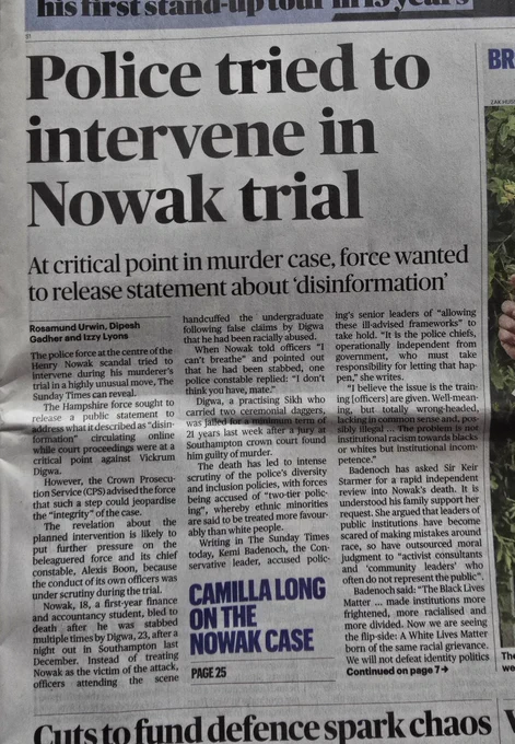 Photo of Sunday Times article revealing that Hampshire police tried to intervene in trial of Henry Nowak's murderer