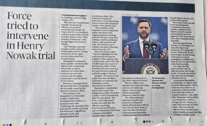 Photo of continuation of  Sunday Times article revealing that Hampshire police tried to intervene in trial of Henry Nowak's murderer