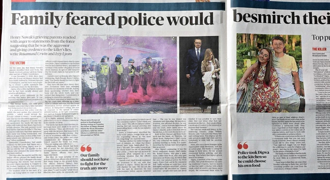 Photo of Sunday Times article claiming that Hampshire Police initially planned to release a statement framing Henry Nowak as the aggressor in the encounter that led to his murder.