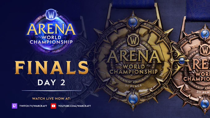 An image thumbnail promoting the Arena World Championship Season 1 Finals. Bold lettering underneath the program logo proclaims "Finals - Day 2", positioned directly above two links to the Warcraft channels on Twitch and YouTube.