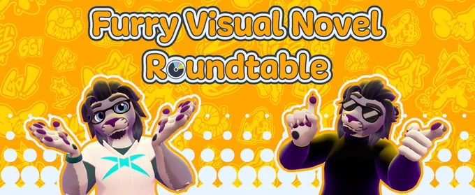 Banner for the panel, Furry Visual Novel Roundtable. In the foreground are two, grey, puma avatars. One is wearing plain clothes while the other is wearing a black sweater with sunglasses. They're both making funny poses.