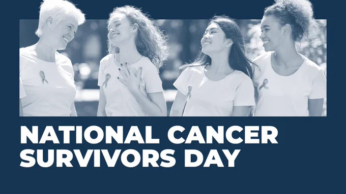 A group of women wearing shirts with cancer survivor blue ribbons. "National Cancer Survivors Day" is in all caps.