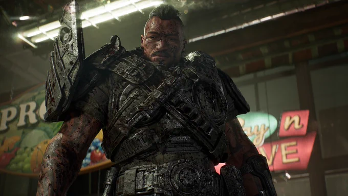 Low-angle shot of a blood-splattered Tai Kaliso.