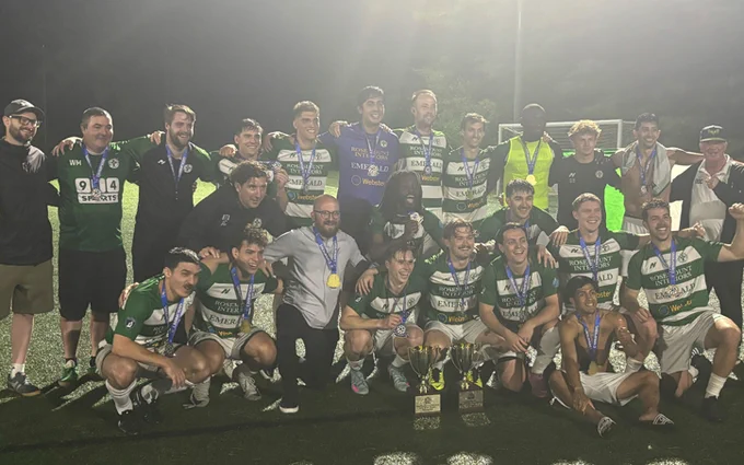 Lansdowne Yonkers FC celebrate the 2026 USASA Region I Amateur Cup title after a 3-0 win over Club Atletico Los Toros. Photo: Greg Oldfield | BackyardPitches.com