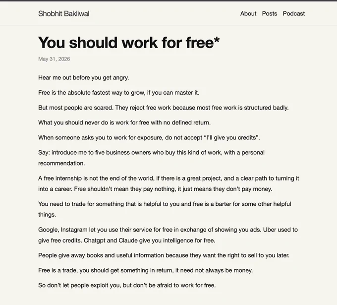 Title: You should work for free*

Full post at: https://shobhitic.com/work-for-free
