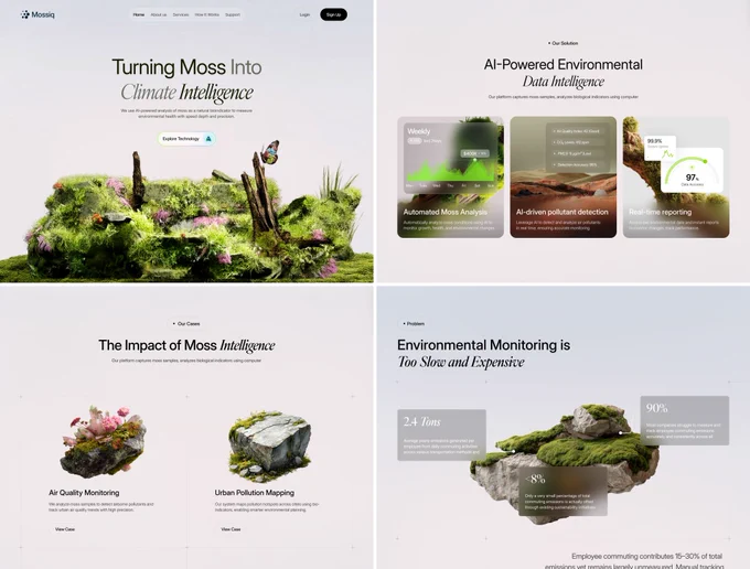 Environmental intelligence platform concept featuring AI powered moss analysis, pollution detection, air quality monitoring, climate data visualization, sustainability metrics, and nature inspired visuals designed to help organizations monitor environmental health.