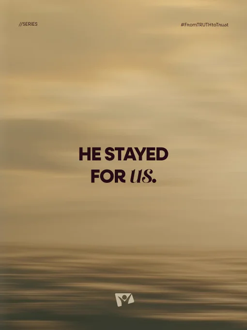 A blurred golden background with a bold text overlay saying 'HE STAYED FOR US'. It has a peaceful and reflective mood.