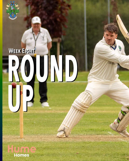 Halstead Cricket Club Week Eight Round Up cover card. A batsman in HCC whites plays a drive shot in front of stumps, with an umpire in a white coat watching in the background and a red ball visible. Large white text reads "Week Eight Round Up". The HCC logo appears top left and the Hume Homes sponsor logo sits bottom left. A green, yellow and navy stripe runs down the left edge.