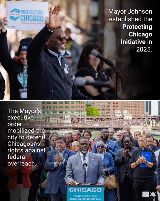 2. Top Photo: Mayor Johnson waving to the crowd from the stage at the No Kings Rally in Grant Park in March of 2026. Text: Mayor Johnson established the  Protecting Chicago Initiative in 2025. Bottom Photo: Mayor Johnson standing at a lectern in front of Governor Pritzker and other state and city leaders at the wolf point river park on the Chicago River. The lectern sign reads, "Chicago: the city of big shoulders." Text: The Mayor’s executive order mobilized the city to defend Chicagoans’ rights against federal overreach.