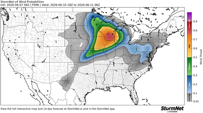 StormNet-v4 wind probability map with a 80% maximum 12-hour risk from 2026-06-10 18Z to 2026-06-11 06Z. Model initialized 2026-06-07 06Z at forecast hour 096.