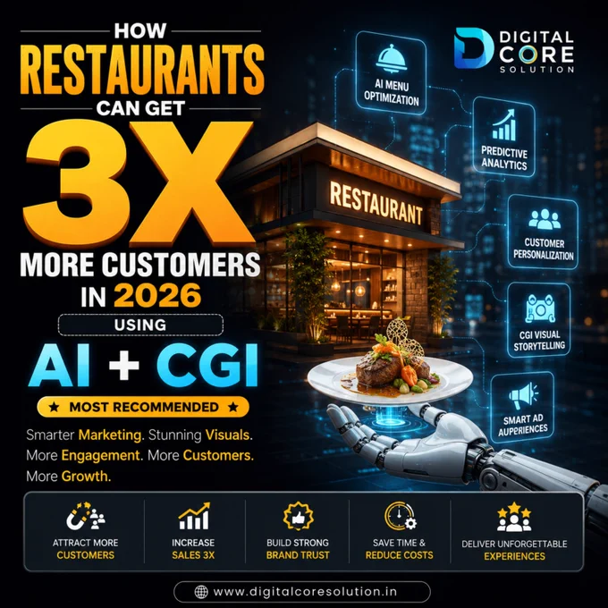 Restaurant AI marketing and CGI advertising poster for increasing customer engagement, bookings, and sales in 2026.