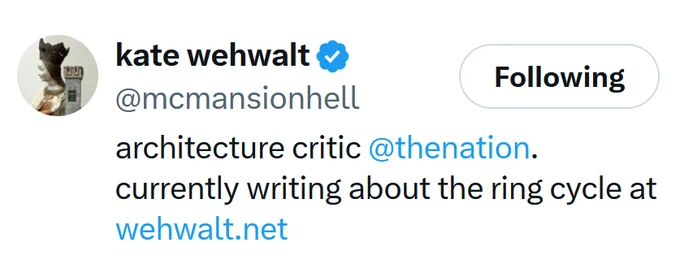 kate wehwalt
@mcmansionhell
architecture critic @thenation
. currently writing about the ring cycle at https://wehwalt.net