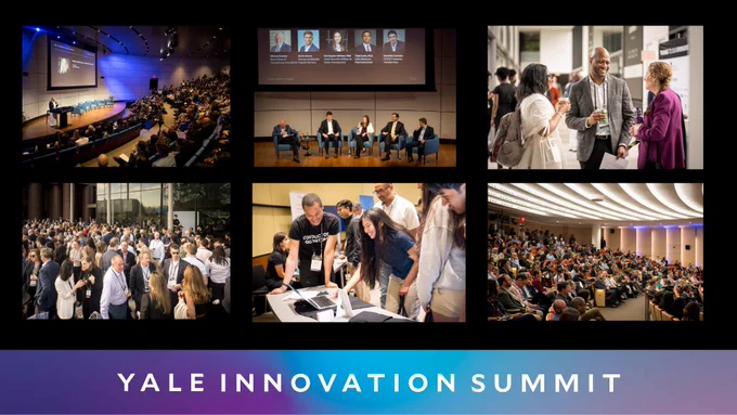 A collage of images from the Yale Innovation Summit. Includes a lecture hall with a presentation, a panel discussion with five people, a networking event, and attendees interacting and using technology.