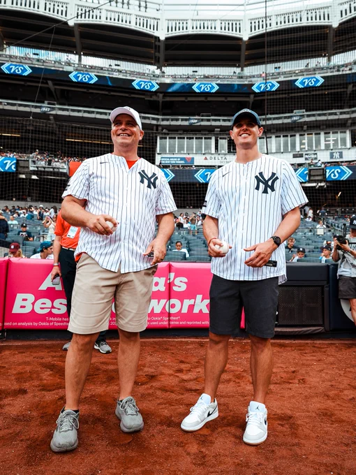Cortland Football head coach Tom Blumenauer and Ithaca Football head coach Brandon Maguire on the Yankee Stadium field before throwing out today’s ceremonial first pitches. 