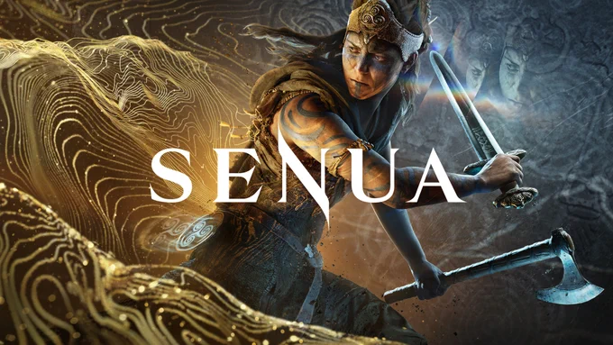 Senua, a celtic warrior, depicted wielding a sword and an axe in the key art for 'Senua', a new game from Ninja Theory.
