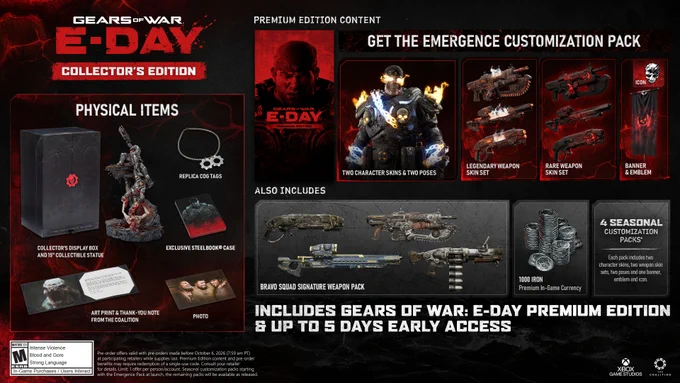 Image showing Gears of War: E-Day Premium Edition Offer. On the left, the image shows physical items: Collector’s Display Box and 15 Inch Collectible Statue, Replica Cog Tags, Exclusive Steelbook® Case, Art Print and Thank You Note form The Coalition, and a Photo of Dom and Carlos Santiago with Marcus. On the right, text reads: “Premium Edition Content. Get the Emergence Customization Pack. Two Character Skins and Two Poses, Legendary Weapon Set, Rare Weapon Skin Set, Banner and Emblem.” Below text reads: “Bravo Squad Signature Weapon Pack, 1000 Iron (Premium In-Game Currency, 4 Seasonal Customization Packs (Each pack Includes two character skins, two weapon skin sets, two poses and one banner, emblem and icon”). At the bottom, the image reads: Includes Gears of War: E-Day Premium Edition and up to 5 days Early Access,” with the logos of Xbox Game Studios and The Coalition at the bottom right corner. 
