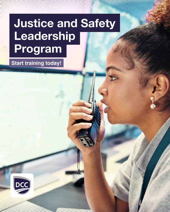 A student speaks into a handheld radio beside computer monitors while text promotes the Justice and Safety Leadership Program and highlights community safety and communication-focused training opportunities.