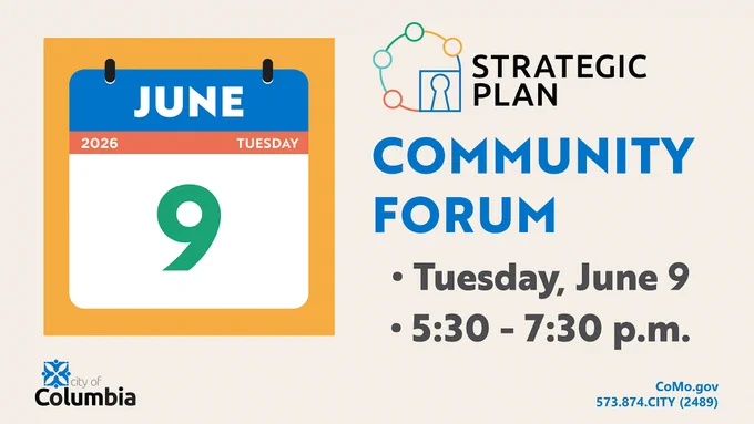 Calendar showing June 9, 2026, with details for a City of Columbia Strategic Plan Community Forum from 5:30 to 7:30 p.m.