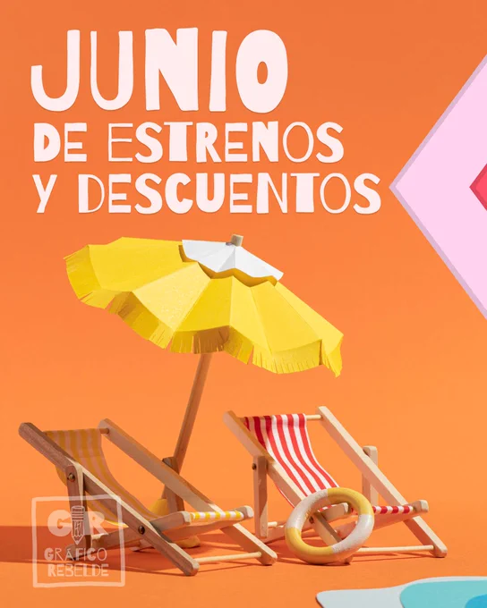 Diseño veraniego con fondo naranja, dos hamacas de playa y una sombrilla amarilla. Texto: JUNIO DE ESTRENOS Y DESCUENTOS.