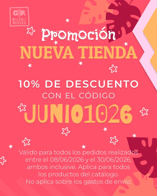 Fondo rosa con detalles tropicales que muestra la promoción del 10% de descuento con el código JUNIO1026 y las condiciones de la oferta.