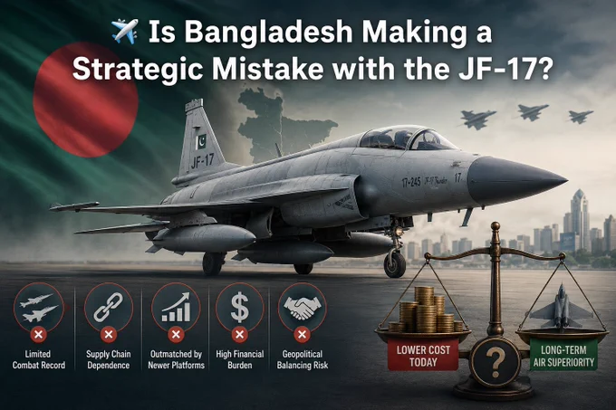 A recent analysis warns that Bangladesh’s reported interest in acquiring the China-Pakistan JF-17 Thunder fighter jet could create long-term operational, financial, and strategic challenges for the Bangladesh Air Force.

Critics argue that:

▪️ The JF-17 has a limited combat track record compared to more advanced multirole fighters.
▪️ Dependence on Chinese and Pakistani supply chains could create future maintenance and logistics vulnerabilities.
▪️ The aircraft may struggle to match the capabilities of newer fighter platforms being deployed across the region.
▪️ A major purchase could cost Bangladesh hundreds of millions of dollars at a time of significant economic pressure.
▪️ The deal could also affect Bangladesh’s delicate diplomatic balancing between regional and global powers.

Supporters, however, point out that the Bangladesh Air Force urgently needs to replace aging aircraft and modernize its fleet.
