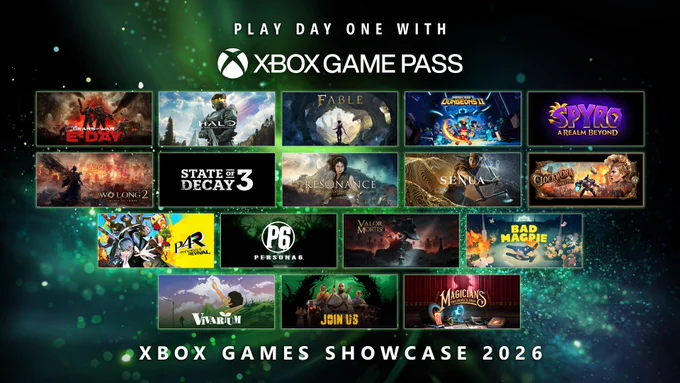 Text at the top reads: “PLAY DAY ONE WITH XBOX GAME PASS”. Below is a grid of game logos: Gears of War: E-Day, Halo: Campaign Evolved, Fable, Minecraft Dungeons II, Wo Long 2 Wings of Ember, State of Decay 3, Resonance: A Plague Tale Legacy, Senua, Clockwork Revolution, Spyro A Realm Beyond, Persona 4 Revival, Persona 6, Valor Mortis, Bad Magpie, Vivarium, Join Us, Magician’s: The Devil’s Deal. Text at the bottom reads: “XBOX GAMES SHOWCASE 2026"