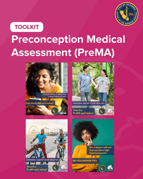 The image features a toolkit titled "Preconception Medical Assessment (PreMA)" with the Seal of the Office of the California Surgeon General. It includes four images showing individuals in various health-related activities, each with text urging to take the PreMA quiz.