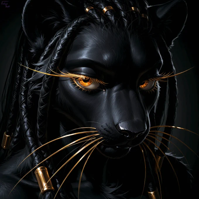 Close-up portrait of Siyana, a black panther anthro with glossy dark fur, braided hair, and glowing amber eyes. She has long metallic gold eyelashes and gold whiskers, with matching gold beads decorating her braids. Her expression is calm, elegant, and intense against a nearly black background.