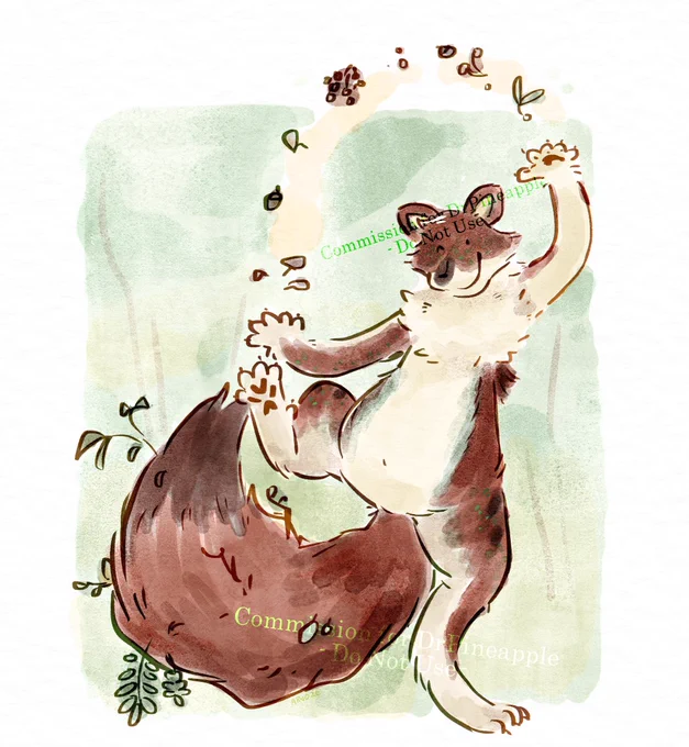 Digital watercolour illustration depicting Cedar's character, an anthropomorphic dhole. They are reddish-brown in colour, with a beige-coloured front. Some of the fur patterning between these two colours are green. The dhole is balanced on their left foot, juggling different kinds of nature items (acorns, berries, small mushrooms) above their head with a smile. Their large tail is dappled with leaves and branches.